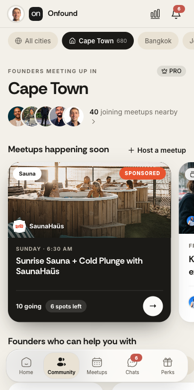 Sponsored founder meetup in the community meetup rail